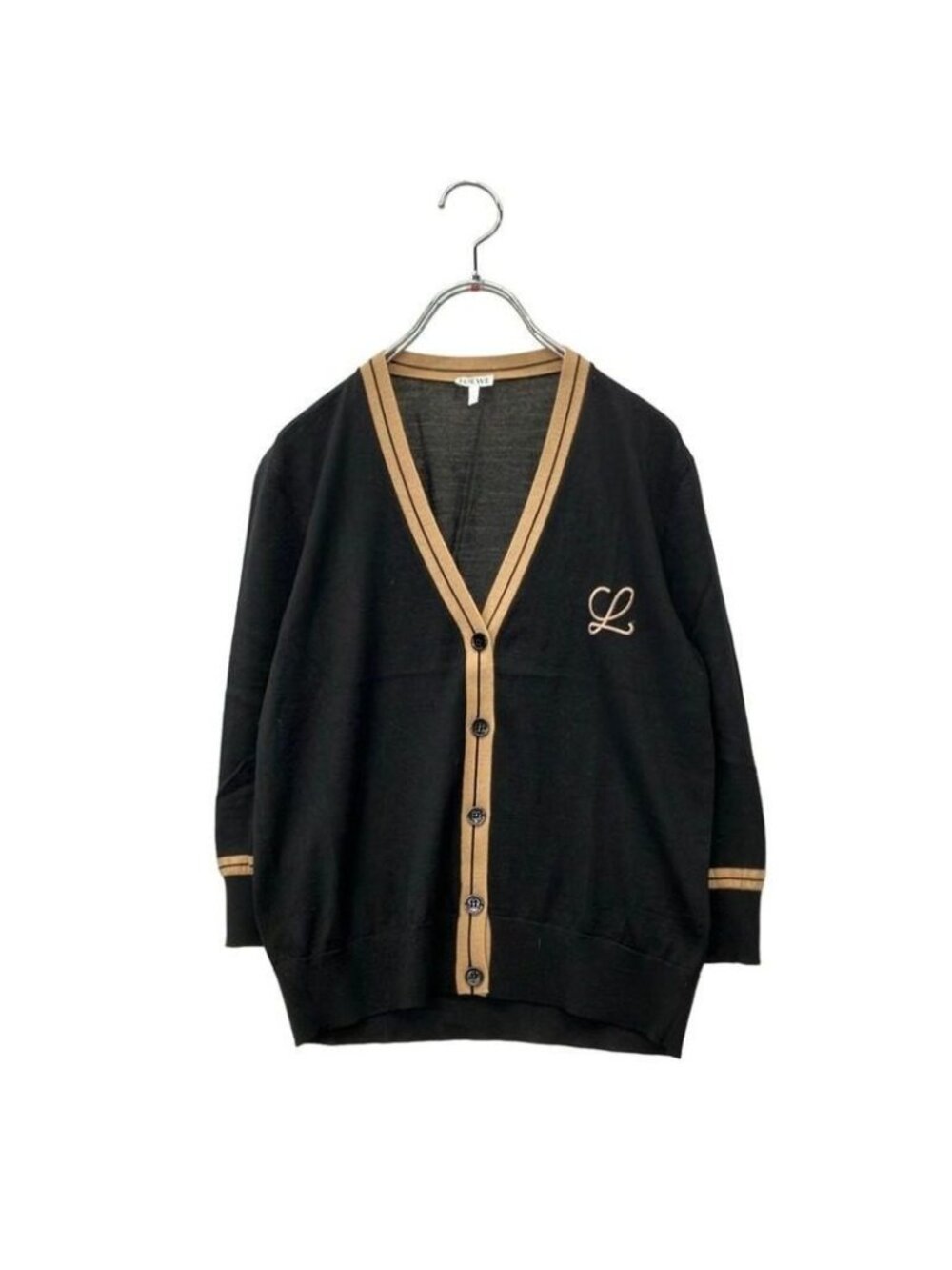 Loewe Long Sleeve Knit Cardigan Cropped Logo Embroidery Wool Lightweight Button